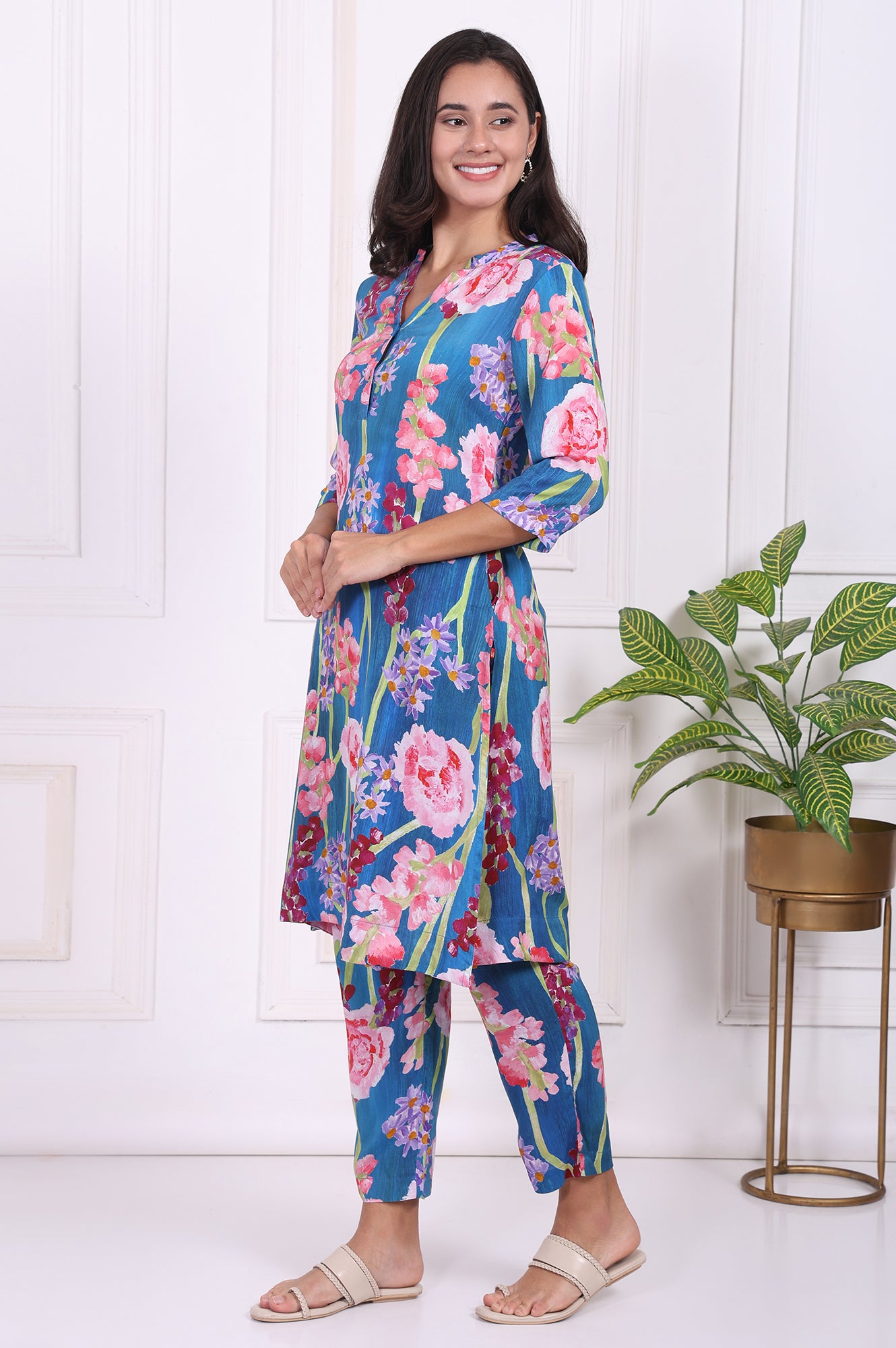 Blue Floral Printed Modal Ankle Length Straight Pants