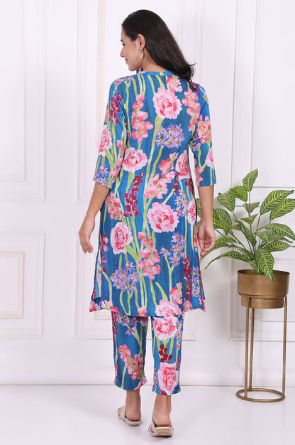 Blue Floral Printed Modal Straight Kurta