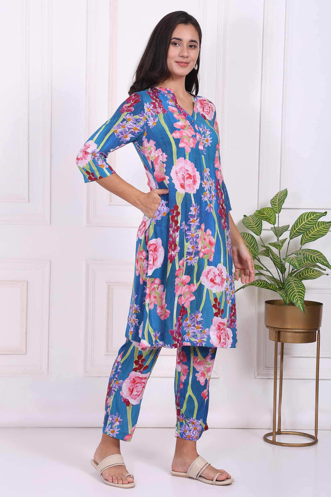 Blue Floral Printed Modal Ankle Length Straight Pants
