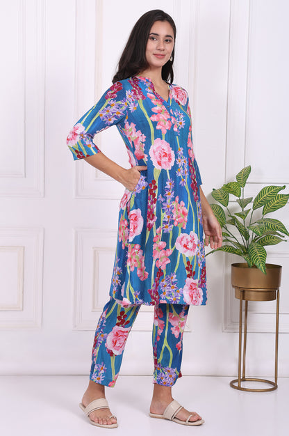 Blue Floral Printed Modal Ankle Length Straight Pants