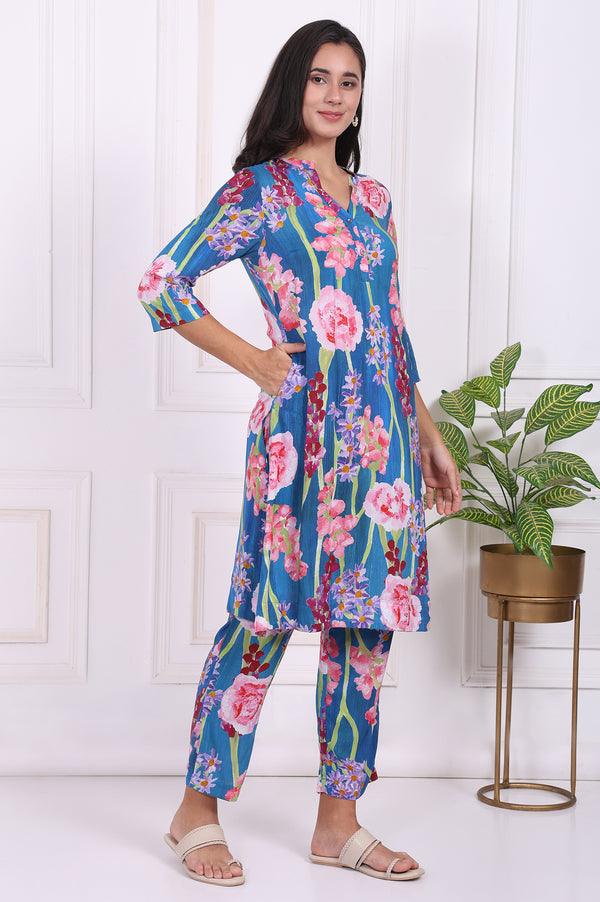 Blue Floral Printed Modal Straight Kurta