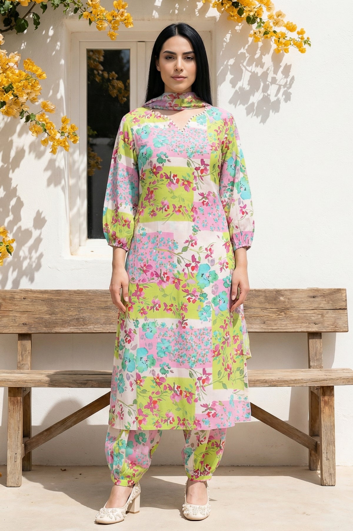 Multicolor Floral Printed Beadwork Modal Straight Kurta with Gathered Pant and Dupatta Set - XS