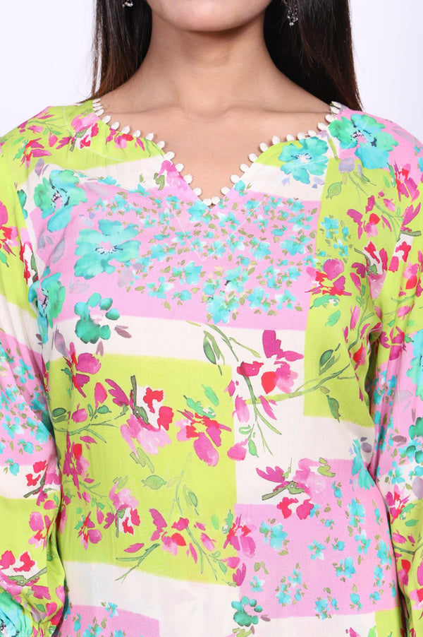 Multicolor Floral Printed Beadwork Modal Straight Kurta with Gathered Pant and Dupatta Set