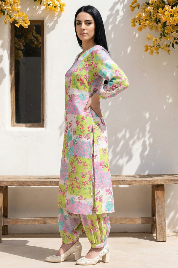 Multicolor Floral Printed Beadwork Modal Straight Kurta with Gathered Pant and Dupatta Set