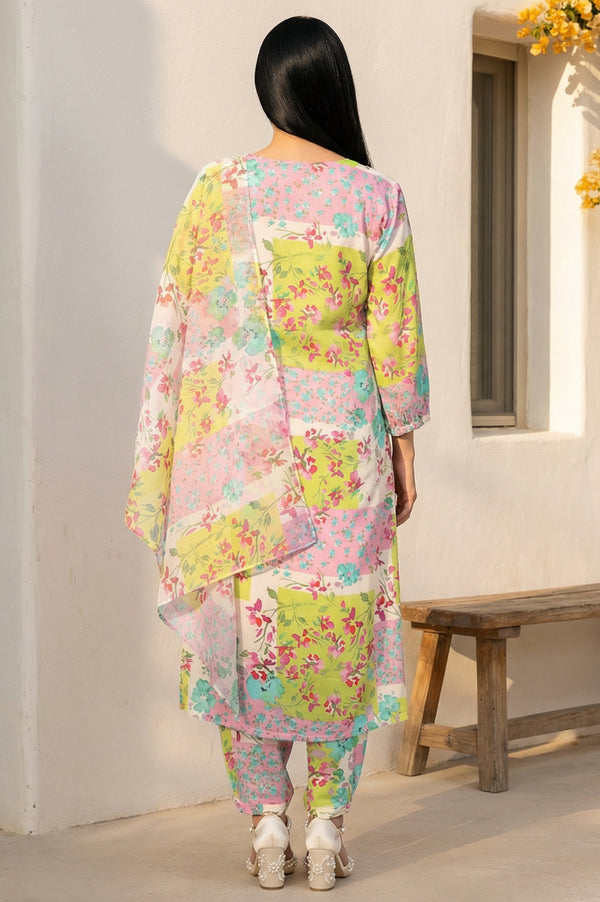 Multicolor Floral Printed Beadwork Modal Straight Kurta with Gathered Pant and Dupatta Set