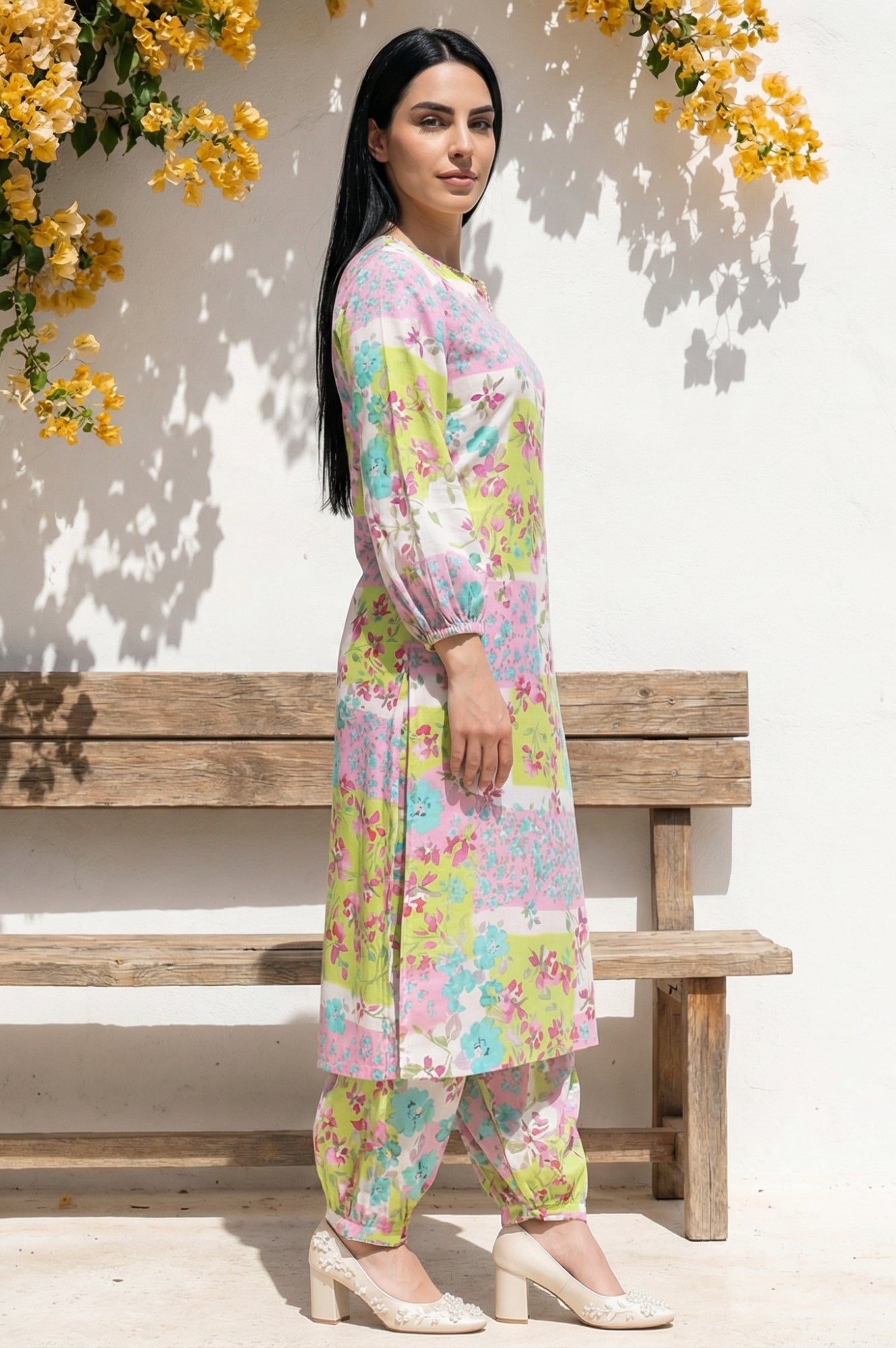 Multicolor Floral Printed Beadwork Modal Straight Kurta with Gathered Pant and Dupatta Set