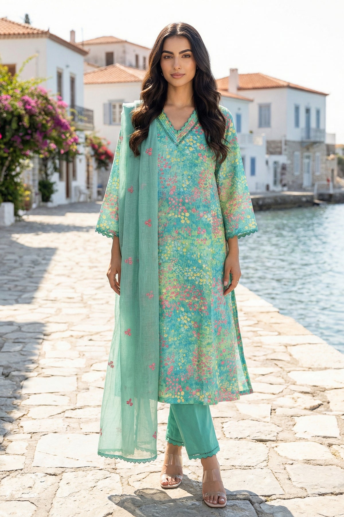 Green Floral Printed Straight Kurta with Pants and Dupatta Set - XS