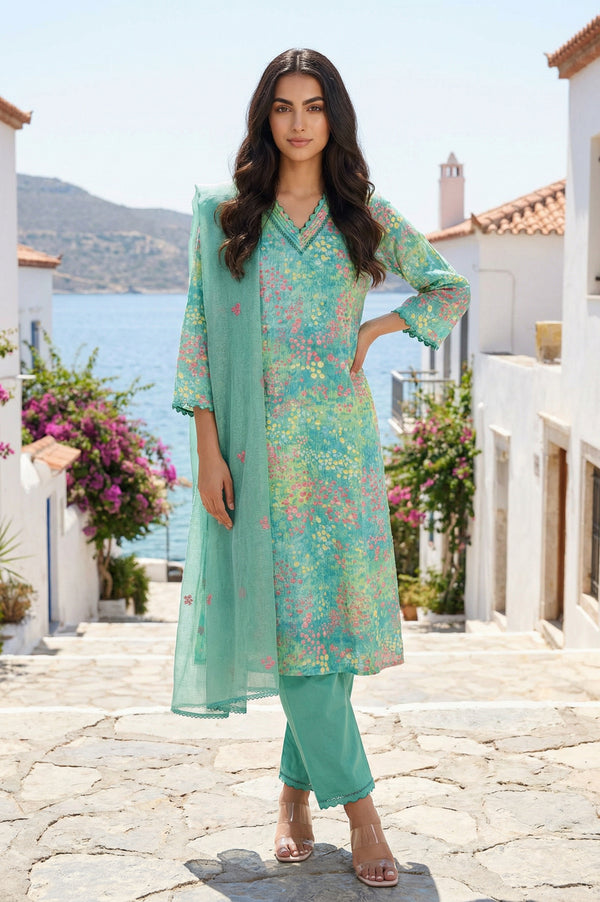 Green Floral Printed Straight Kurta with Pants and Dupatta Set