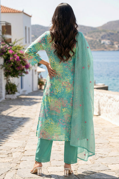 Green Floral Printed Straight Kurta with Pants and Dupatta Set