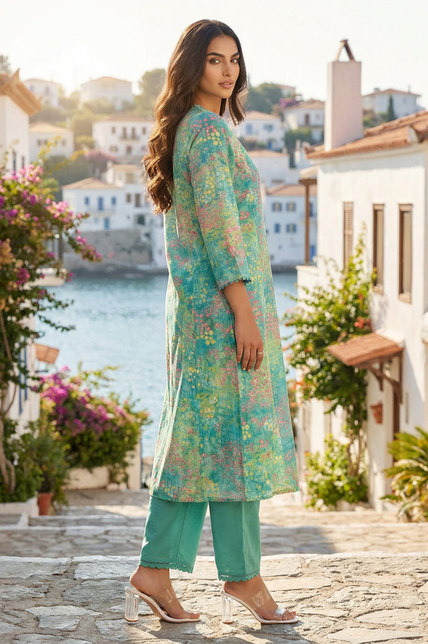 Green Floral Printed Straight Kurta with Pants and Dupatta Set