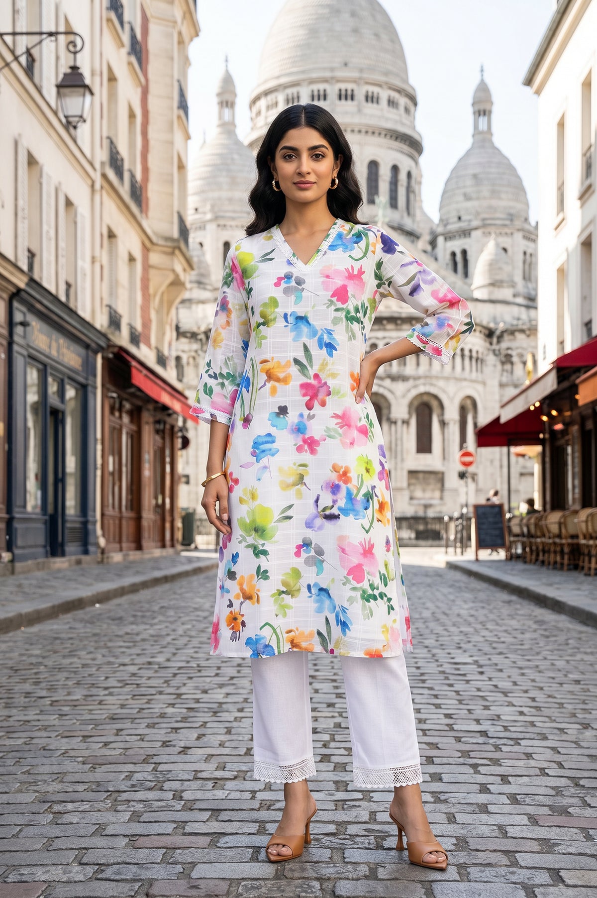 White Floral Printed Pure Cotton Straight Kurta And Pants Co-ord Set - XS
