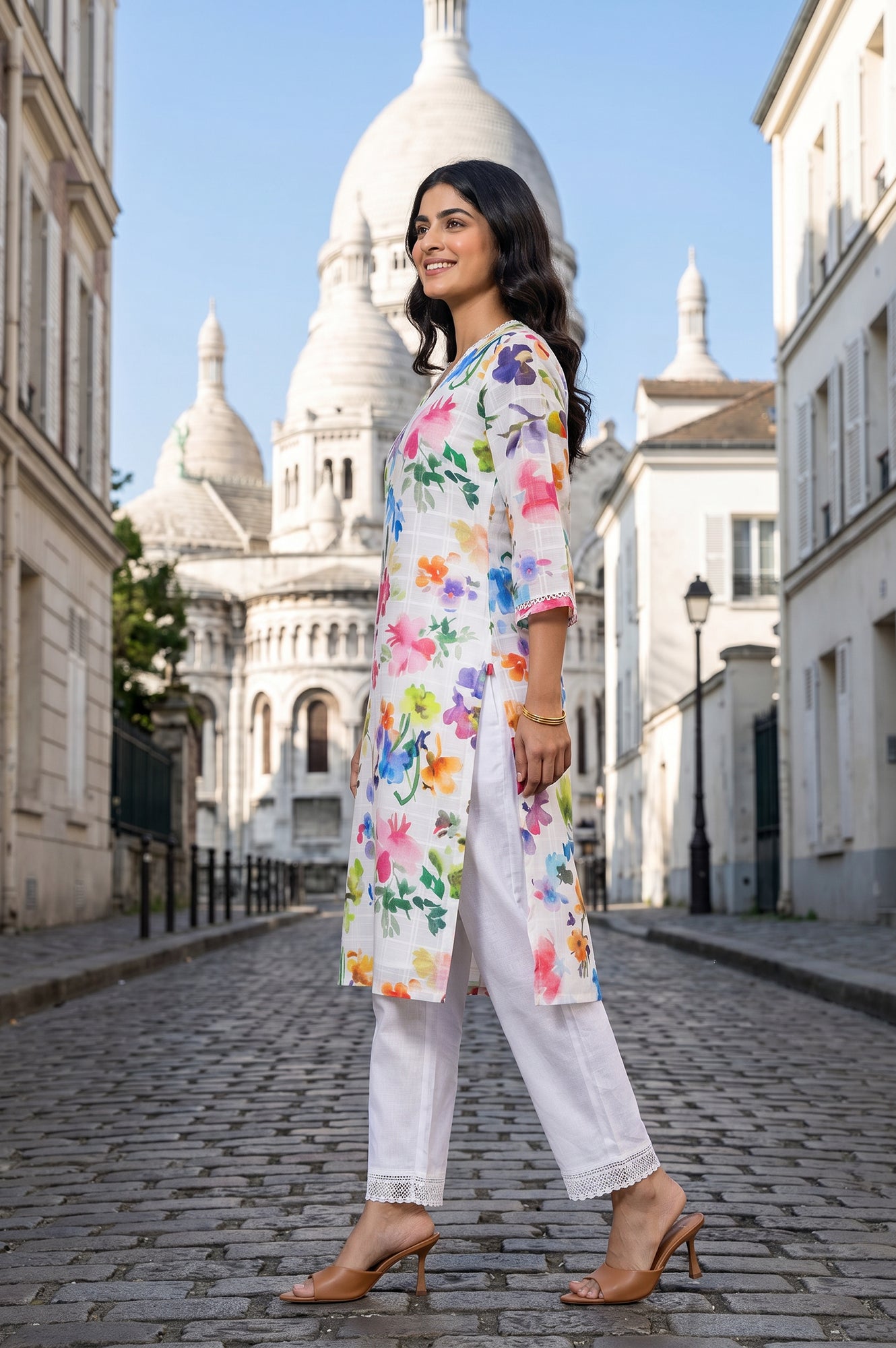 White Floral Printed Pure Cotton Straight Kurta And Pants Co-ord Set
