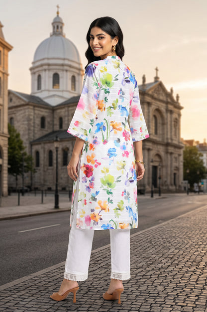 White Floral Printed Pure Cotton Straight Kurta And Pants Co-ord Set