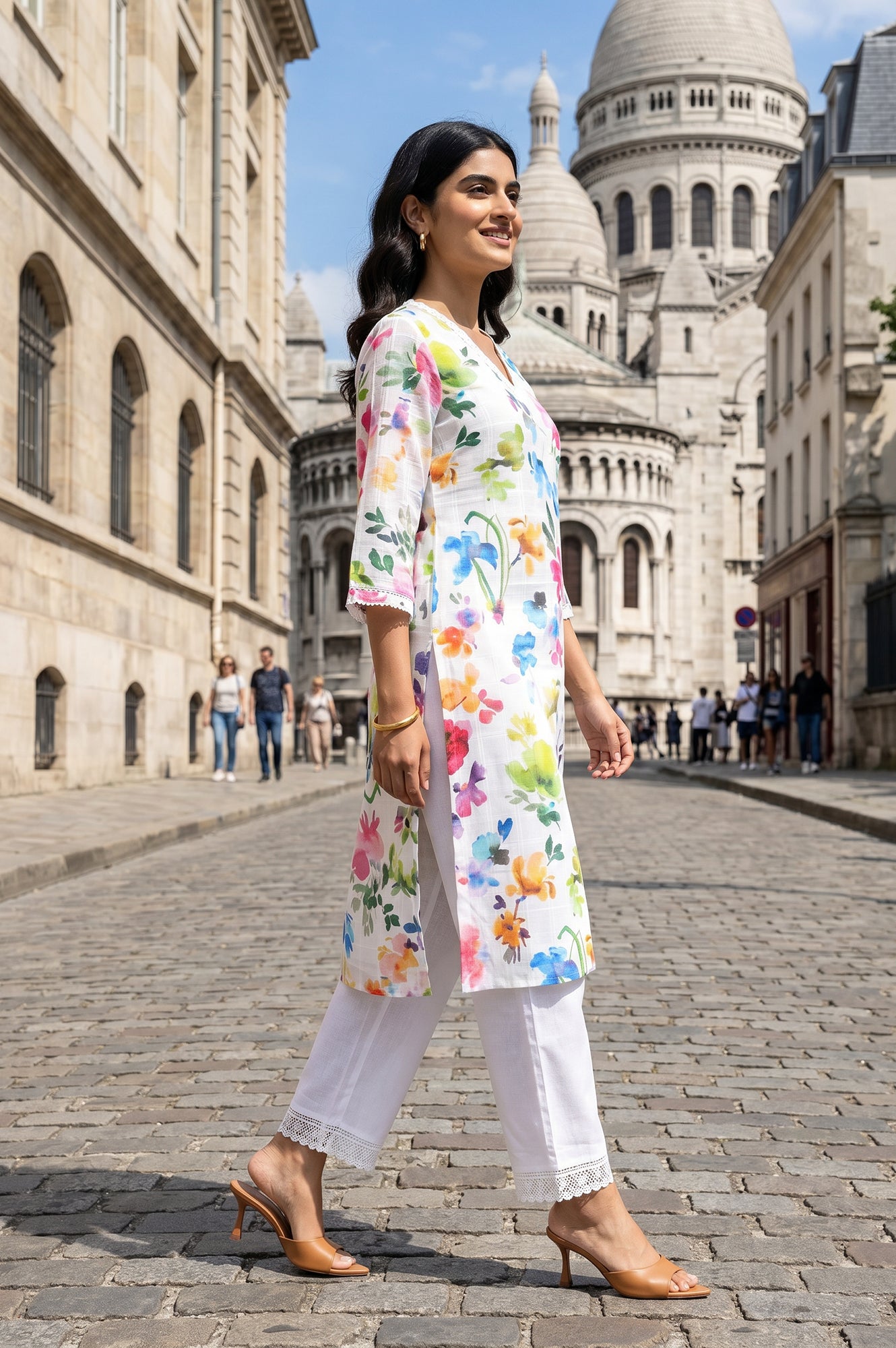 White Floral Printed Pure Cotton Straight Kurta And Pants Co-ord Set