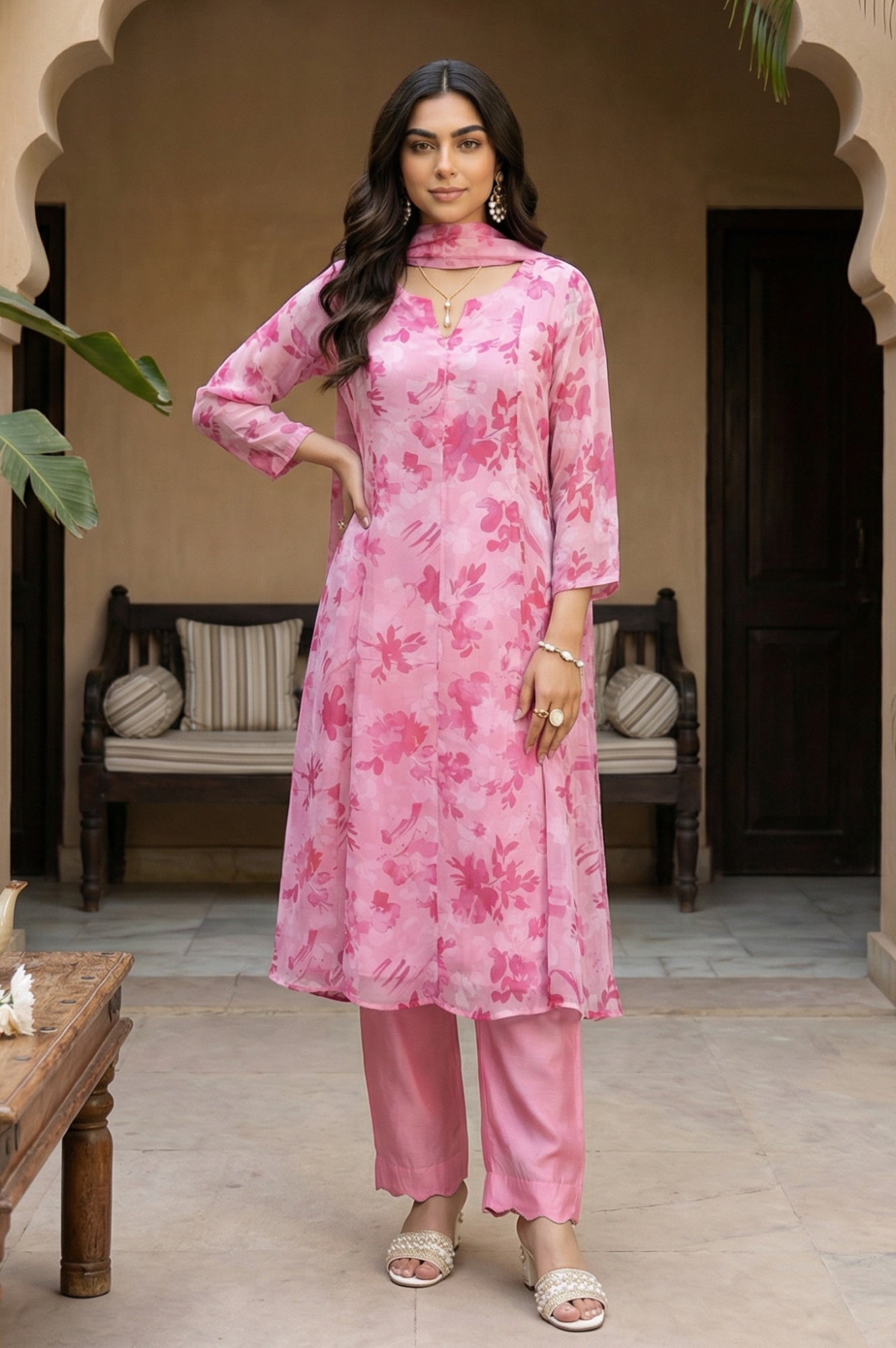 Pink Floral Printed Organza Straight Kurta with Pants and Dupatta Set