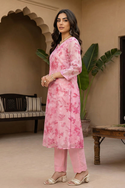 Pink Floral Printed Organza Straight Kurta with Pants and Dupatta Set