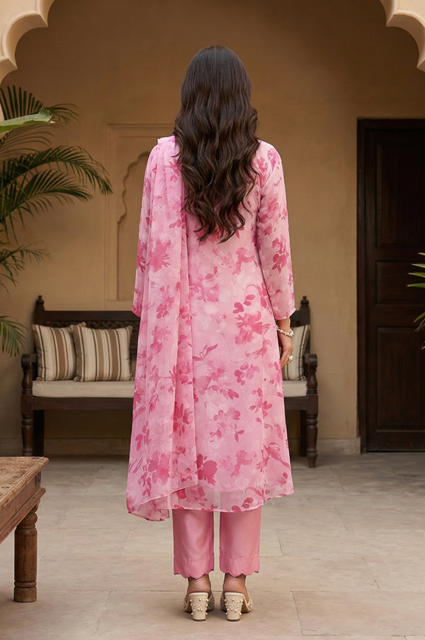 Pink Floral Printed Organza Straight Kurta with Pants and Dupatta Set