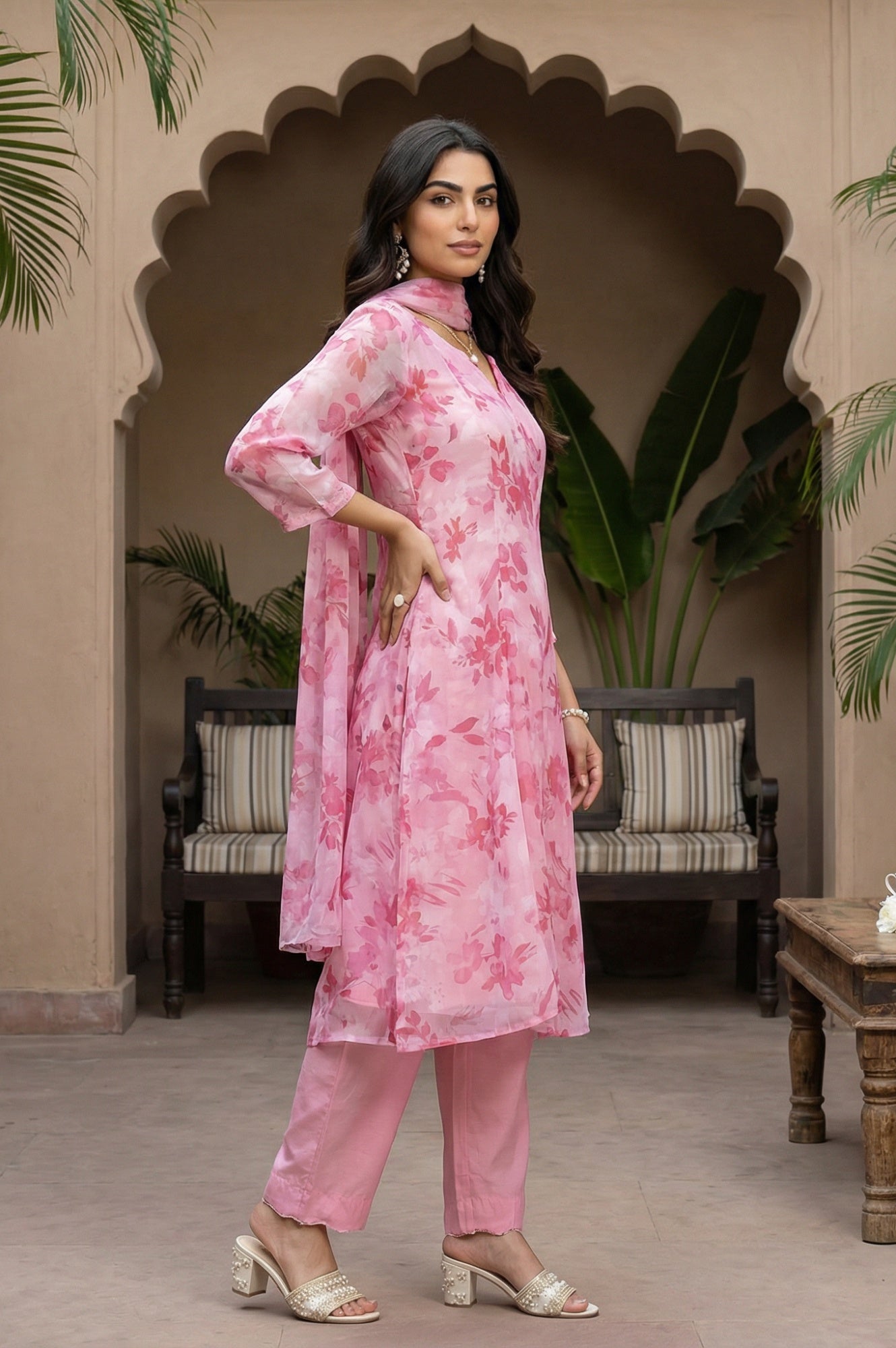 Pink Floral Printed Organza Straight Kurta with Pants and Dupatta Set