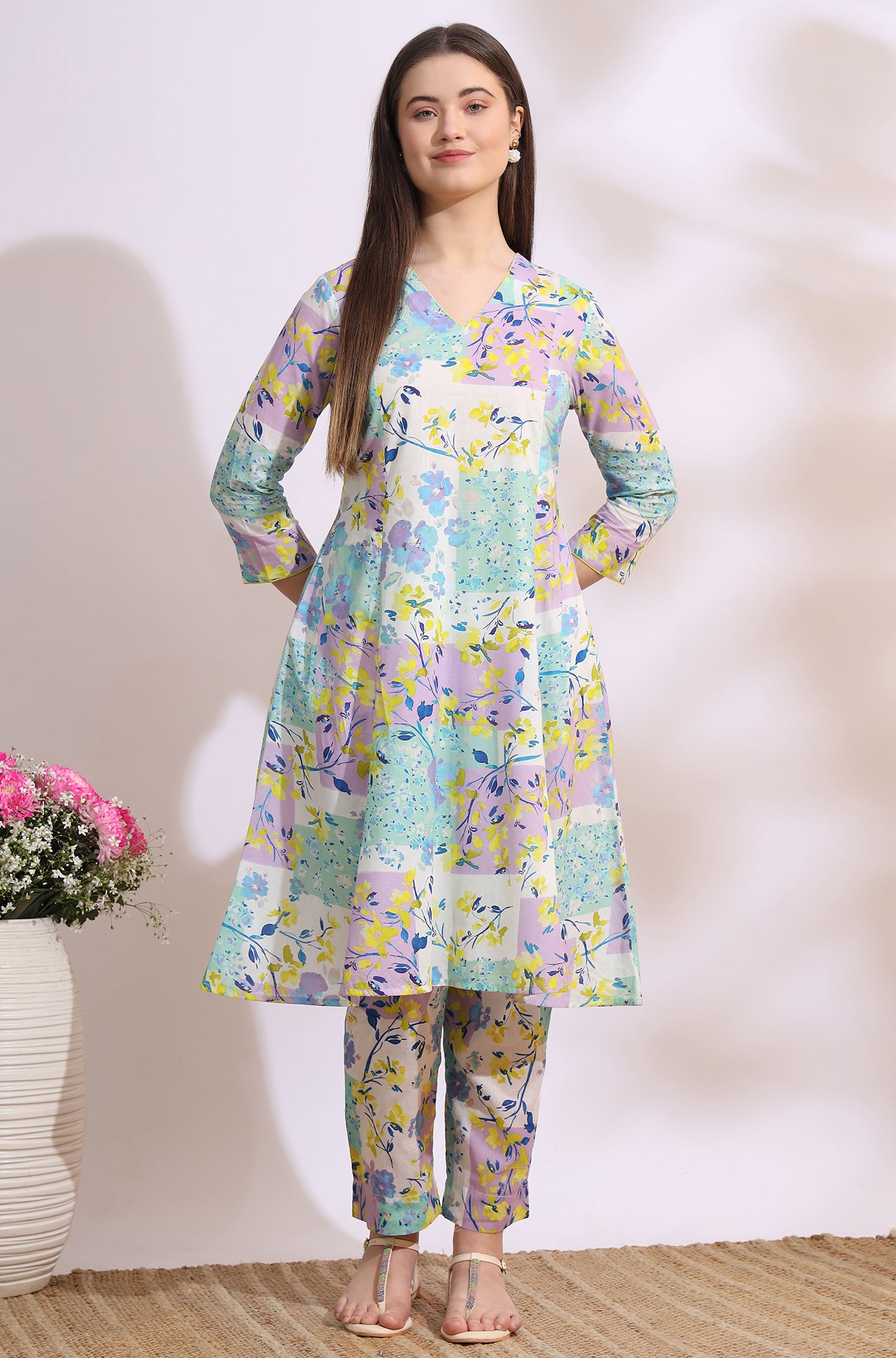 White Floral Printed Flared Pure Cotton Kurta and Pants Co-ord Set