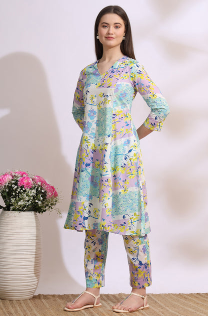White Floral Printed Flared Pure Cotton Kurta and Pants Co-ord Set