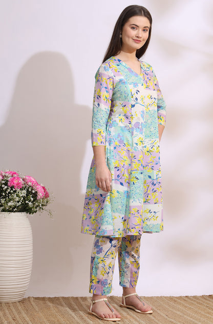 White Floral Printed Flared Pure Cotton Kurta and Pants Co-ord Set