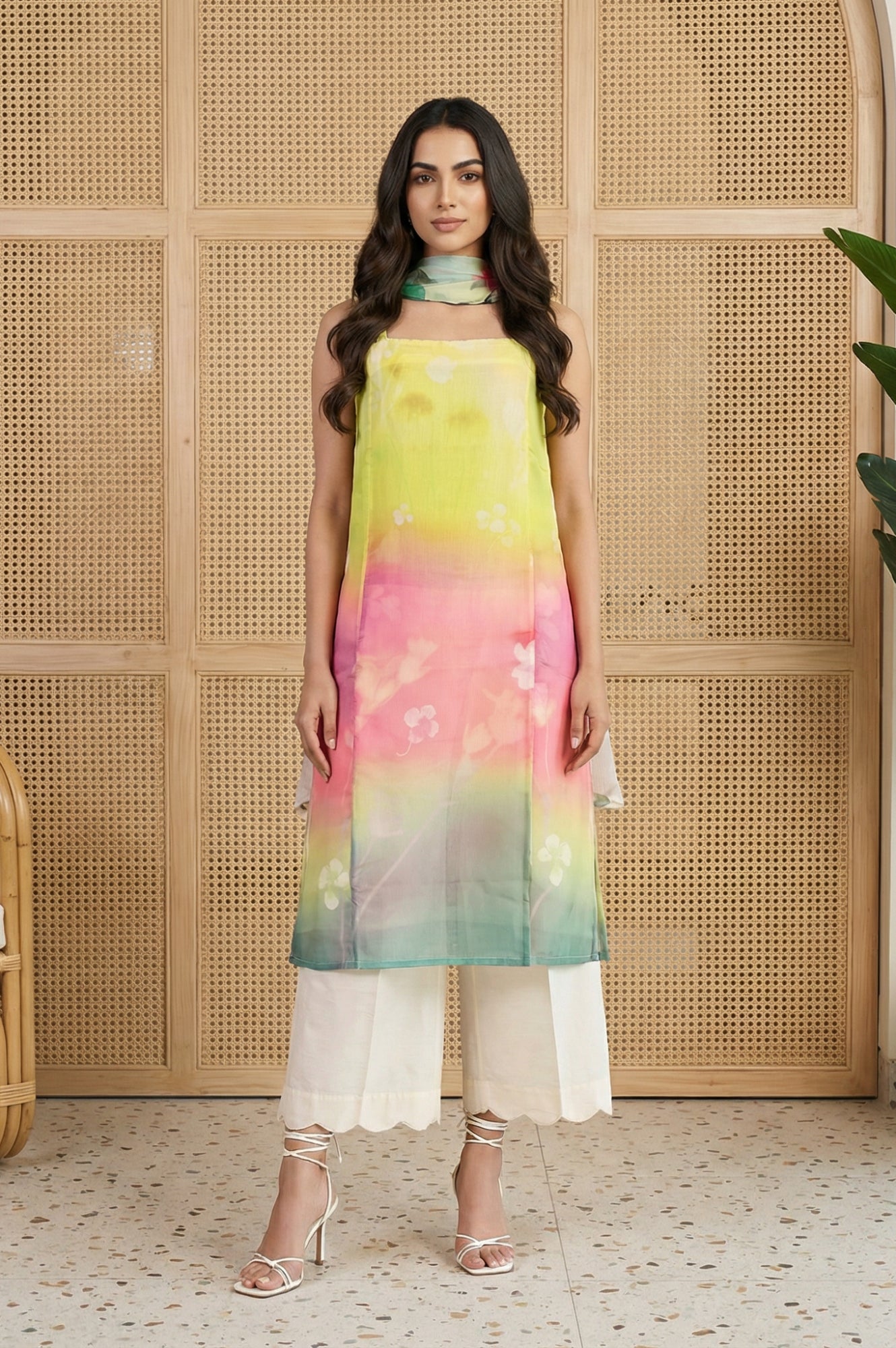 W for Woman Multicolor Floral Printed Straight Kurta with Flared Pants and Dupatta Set