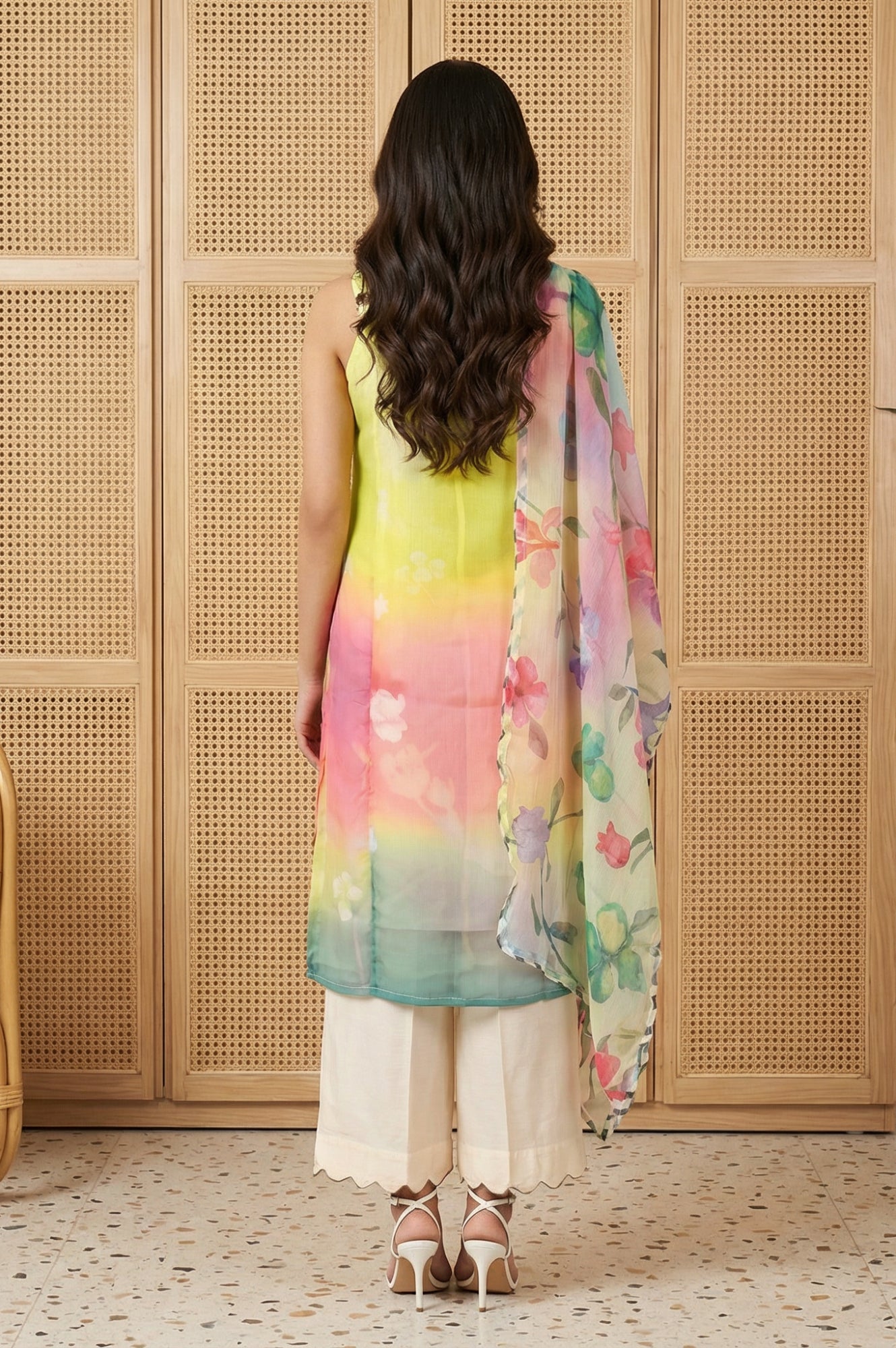 Multicolor Floral Printed Straight Kurta with Flared Pants and Dupatta Set