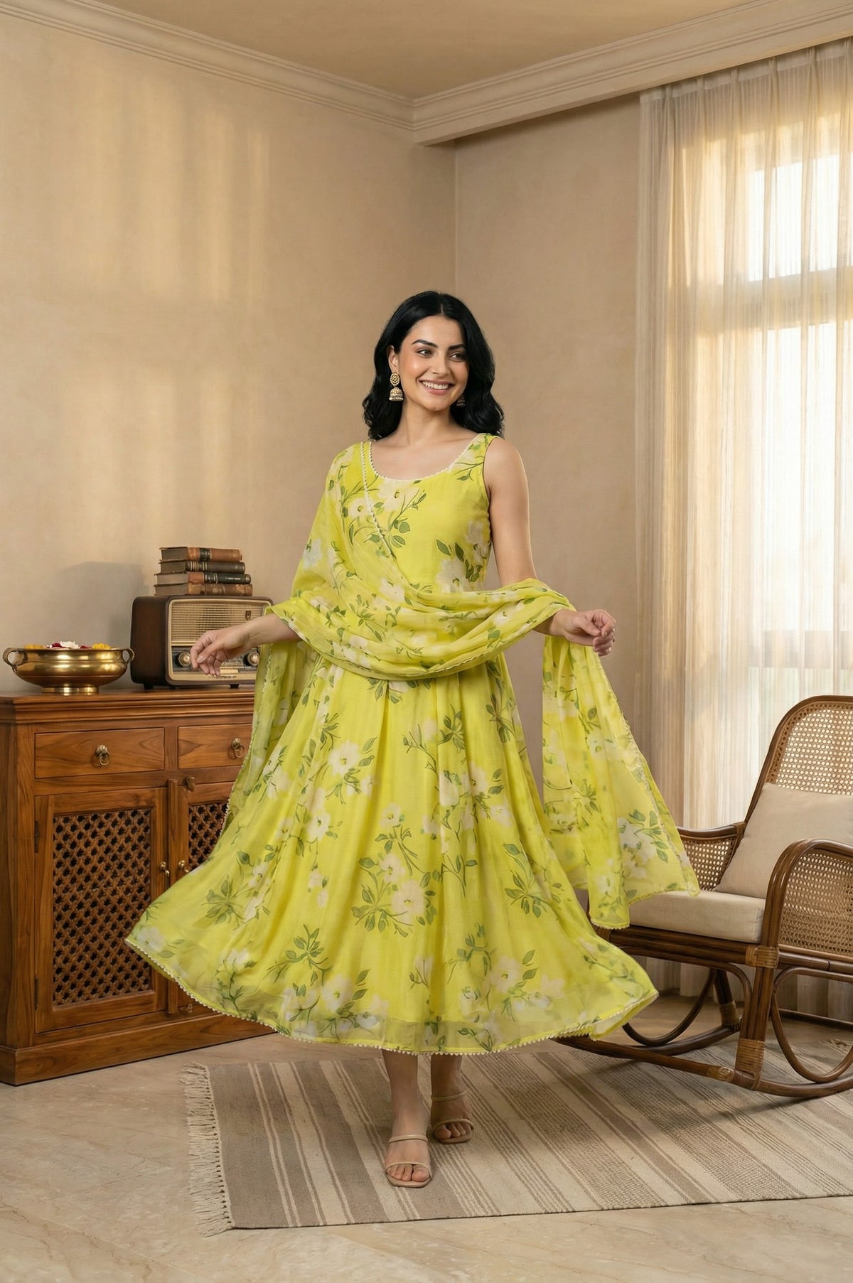 Lime Yellow Floral Printed Organza Flared Dress with Dupatta Set - XS