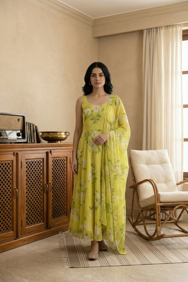 Lime Yellow Floral Printed Organza Flared Dress with Dupatta Set