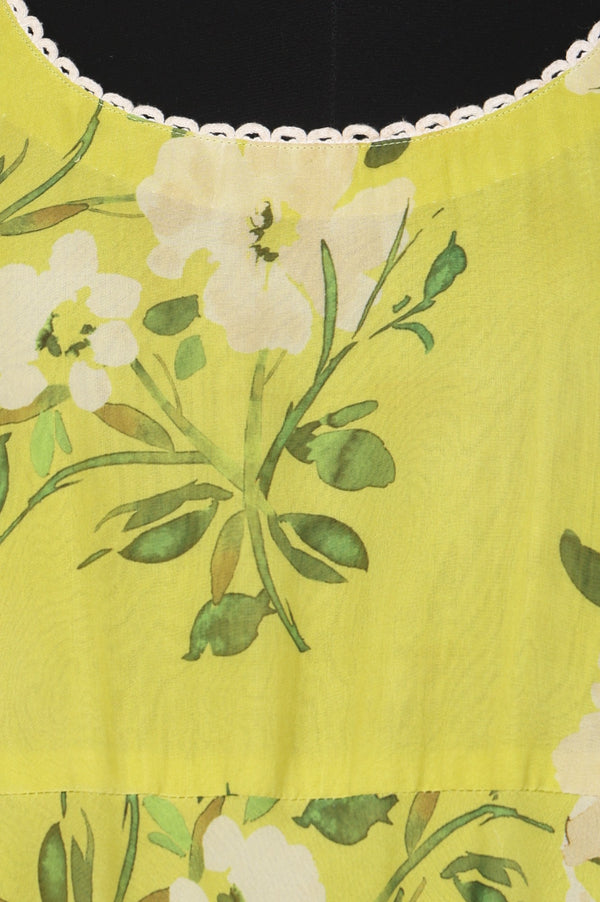 Lime Yellow Floral Printed Organza Flared Dress with Dupatta Set