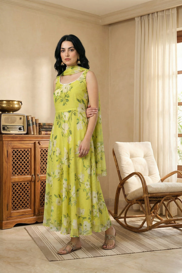 Lime Yellow Floral Printed Organza Flared Dress with Dupatta Set