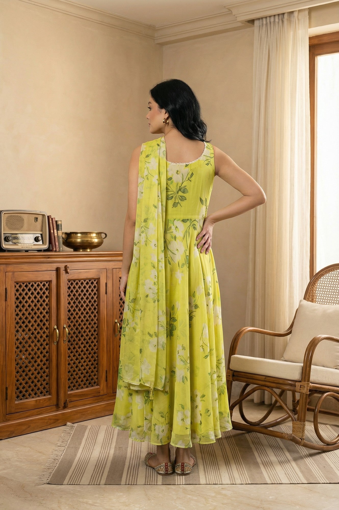 Lime Yellow Floral Printed Organza Flared Dress with Dupatta Set