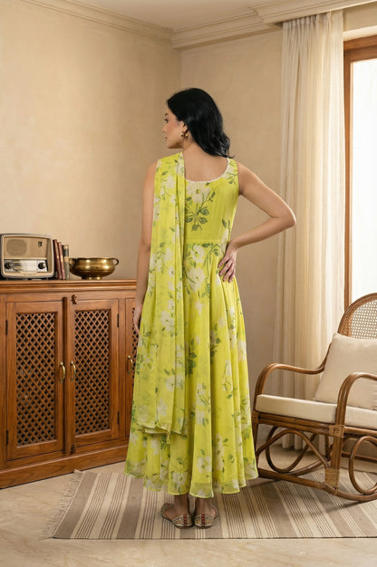 Lime Yellow Floral Printed Organza Flared Dress with Dupatta Set