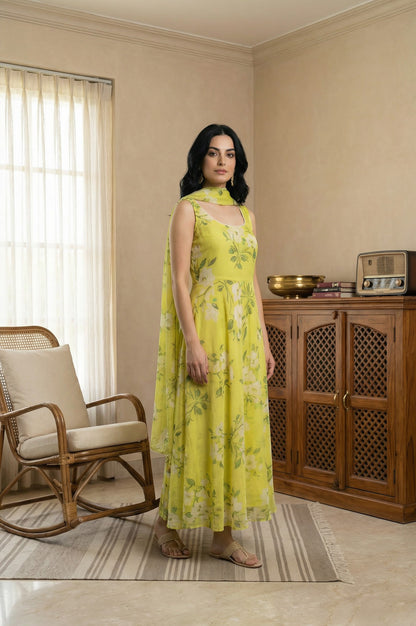 Lime Yellow Floral Printed Organza Flared Dress with Dupatta Set
