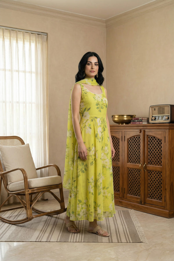 Lime Yellow Floral Printed Organza Flared Dress with Dupatta Set