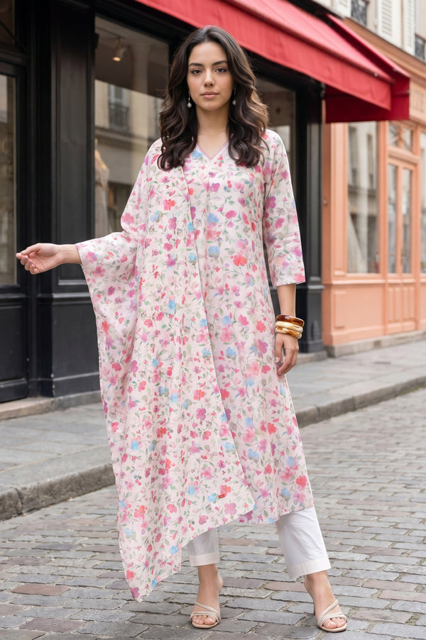 Off White Floral Printed Chanderi Straight Kurta with Straight Pants and Dupatta Set