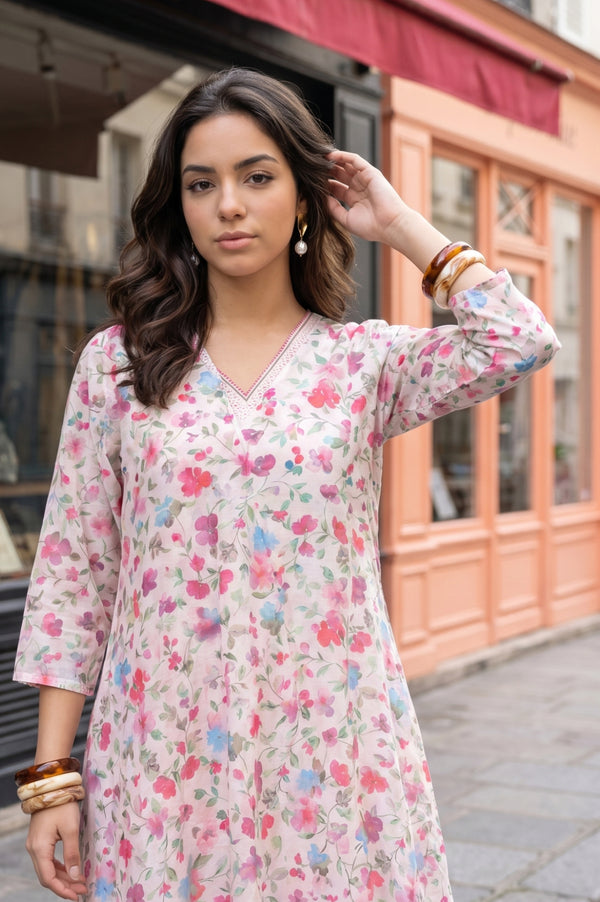 Off White Floral Printed Chanderi Straight Kurta with Straight Pants and Dupatta Set