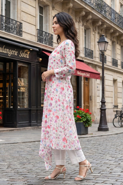 Off White Floral Printed Chanderi Straight Kurta with Straight Pants and Dupatta Set
