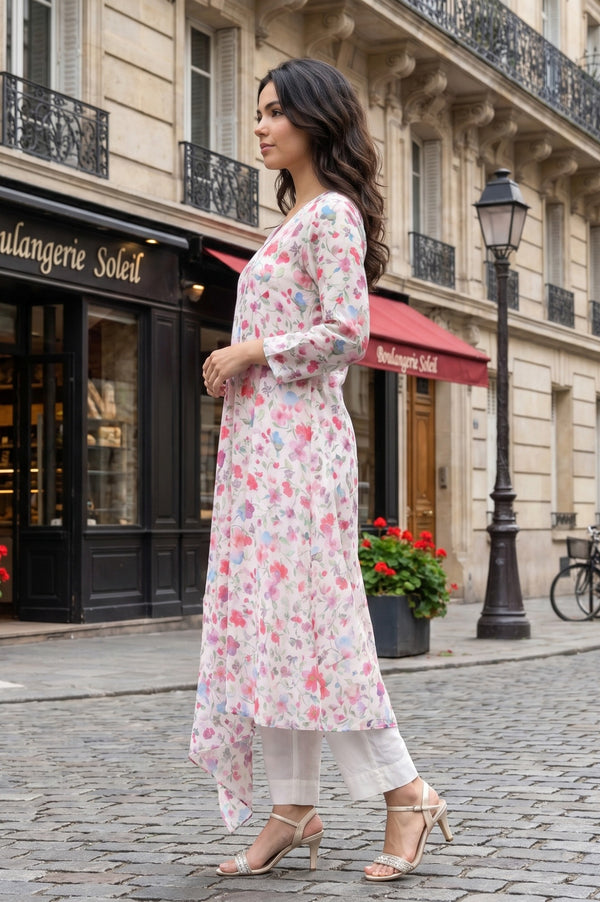 Off White Floral Printed Chanderi Straight Kurta with Straight Pants and Dupatta Set