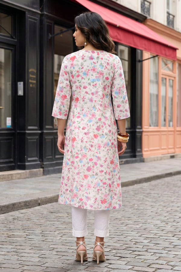 Off White Floral Printed Chanderi Straight Kurta with Straight Pants and Dupatta Set