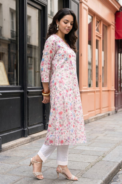 Off White Floral Printed Chanderi Straight Kurta with Straight Pants and Dupatta Set