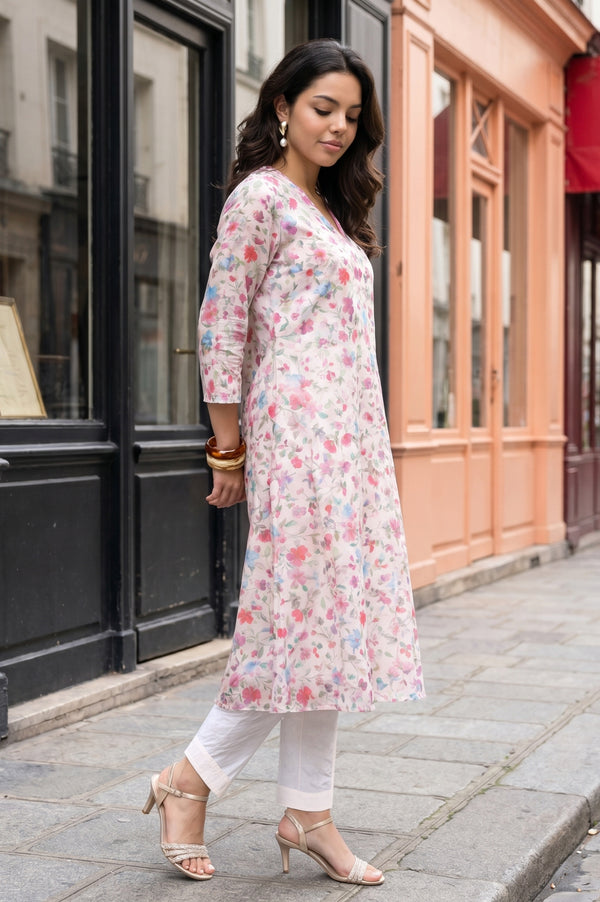 Off White Floral Printed Chanderi Straight Kurta with Straight Pants and Dupatta Set