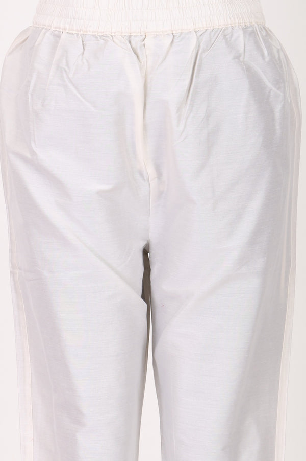 Off White Floral Printed Chanderi Straight Kurta with Straight Pants and Dupatta Set