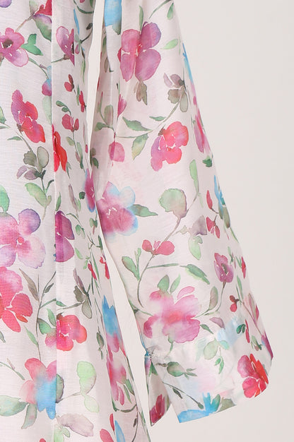 Off White Floral Printed Chanderi Straight Kurta with Straight Pants and Dupatta Set