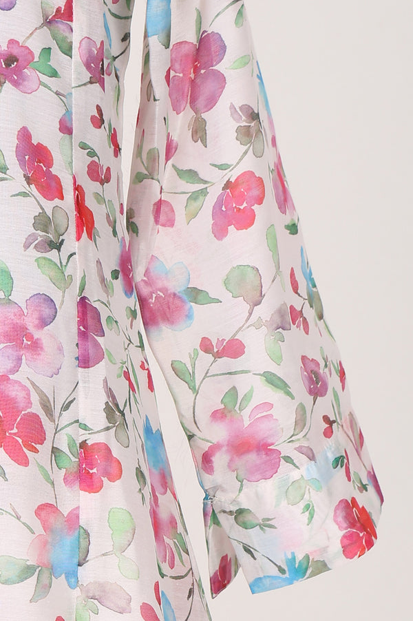 Off White Floral Printed Chanderi Straight Kurta with Straight Pants and Dupatta Set