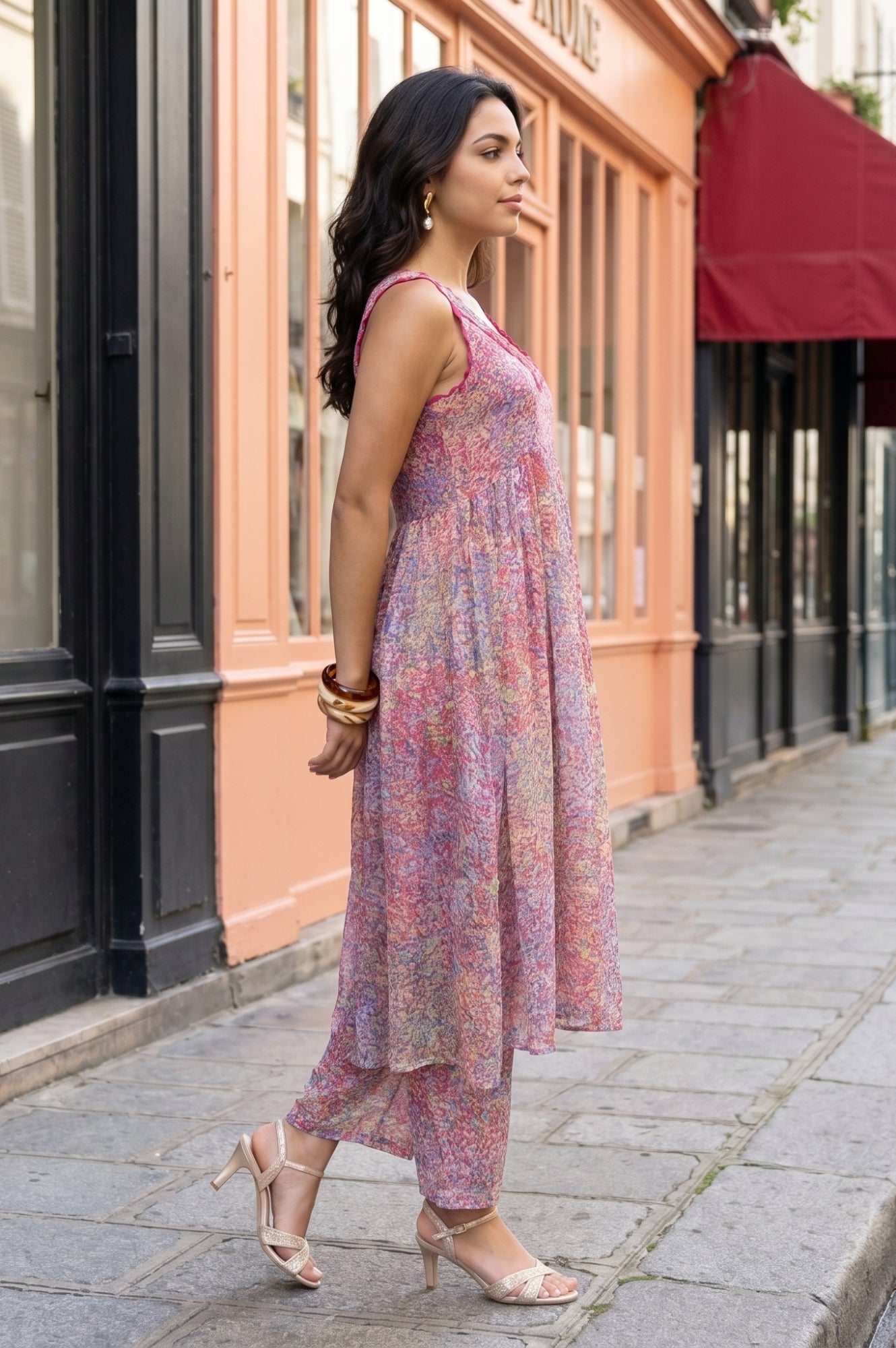 Multicolor Abstract Printed Georgette Flared Kurta With Pants And Dupatta Set