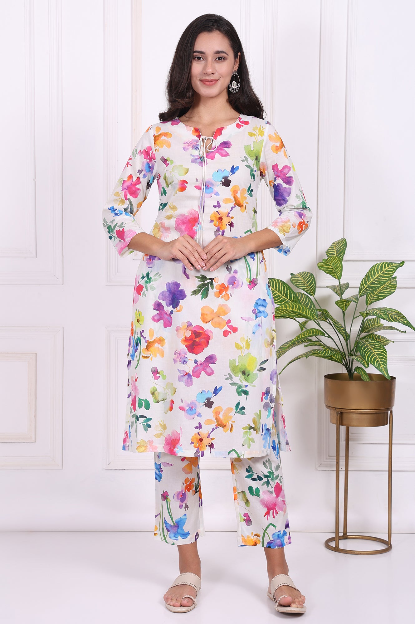White Floral Printed Pure Cotton Straight Kurta and Straight Pants Set