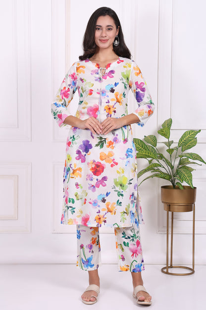 White Floral Printed Pure Cotton Straight Kurta and Straight Pants Set