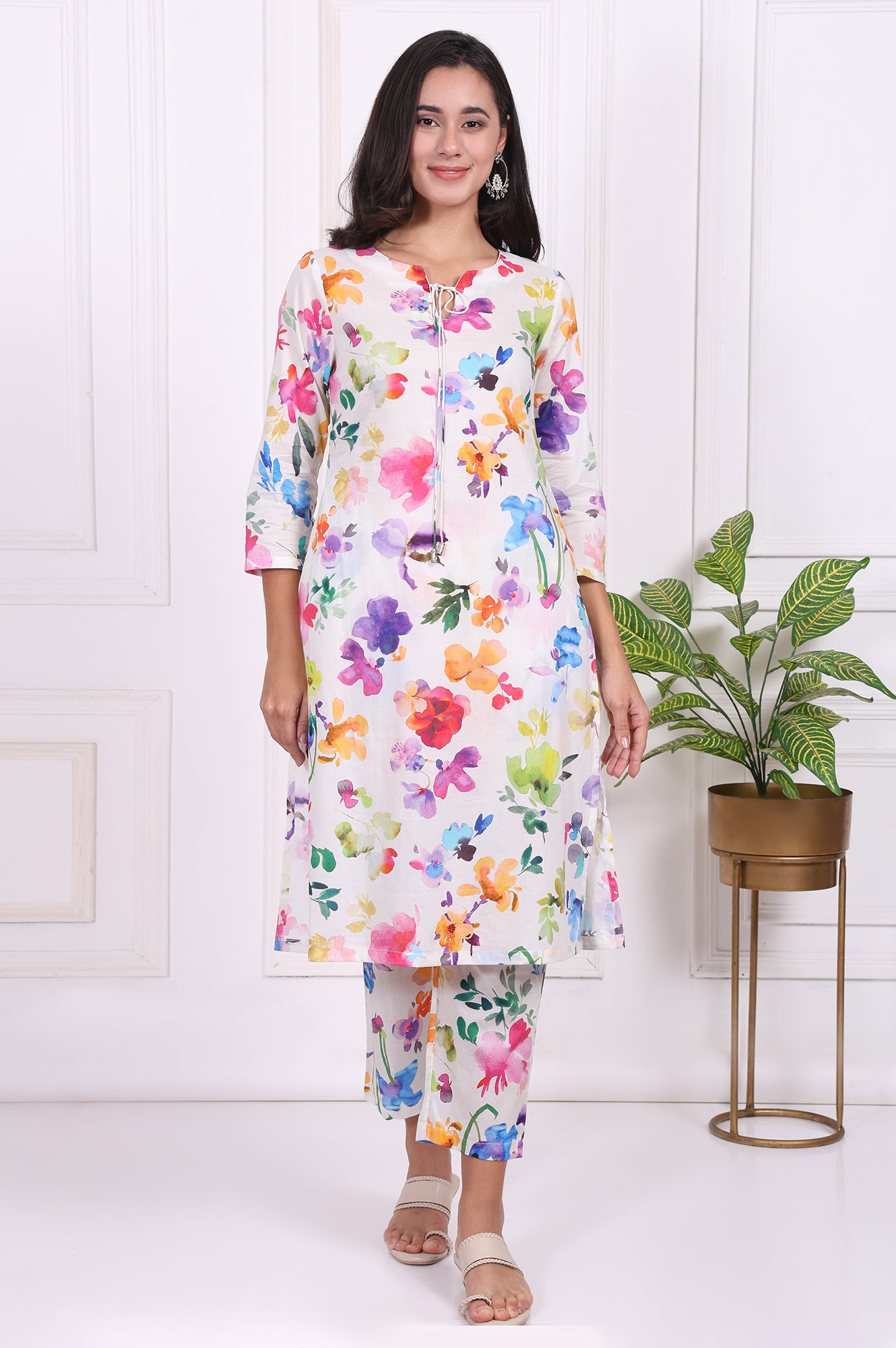 White Floral Printed Pure Cotton Straight Kurta and Straight Pants Set
