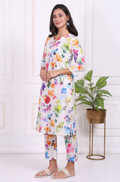 White Floral Printed Pure Cotton Straight Kurta and Straight Pants Set